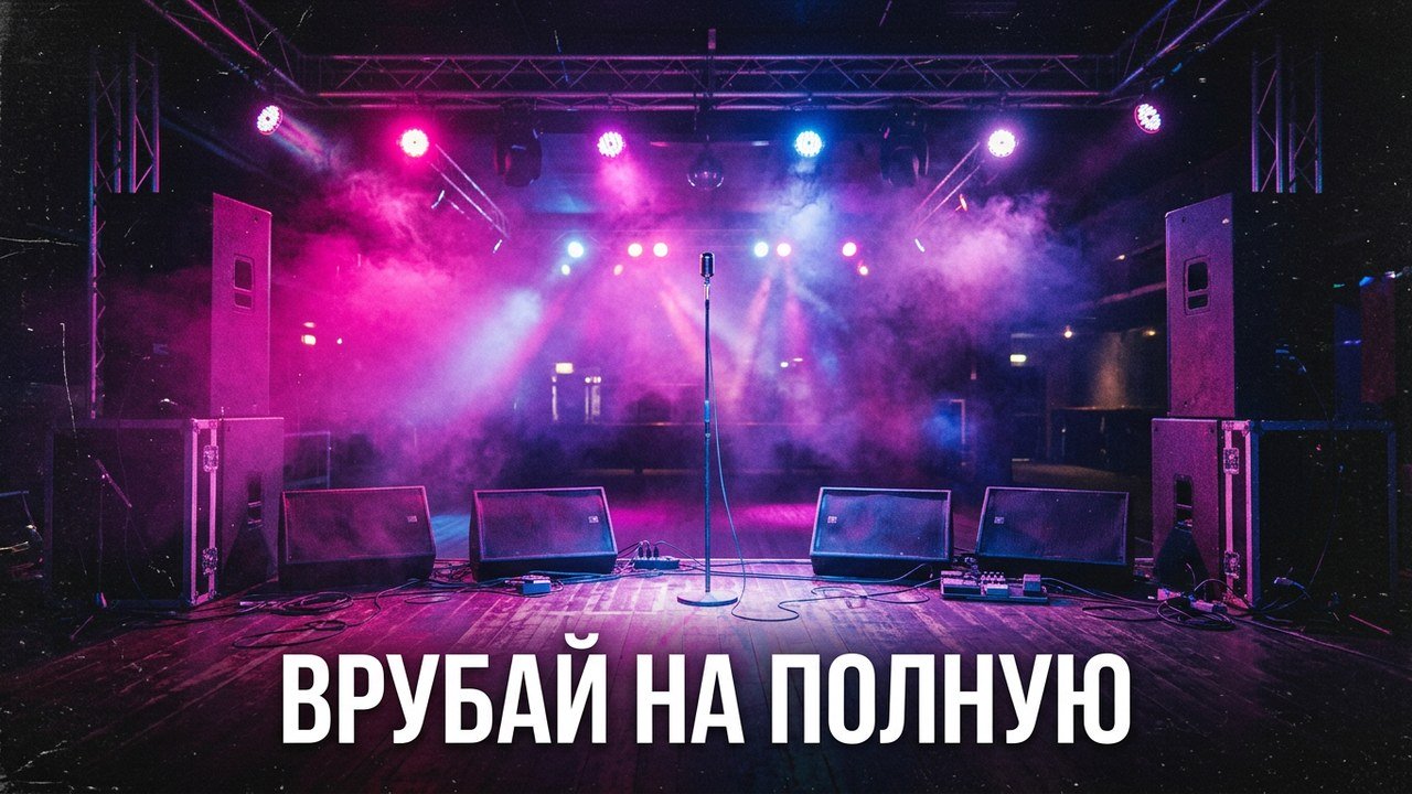 Концертная сцена с прожекторами и колонками — обложка обзора альбома «Руки Вверх!» «Врубай на полную!»