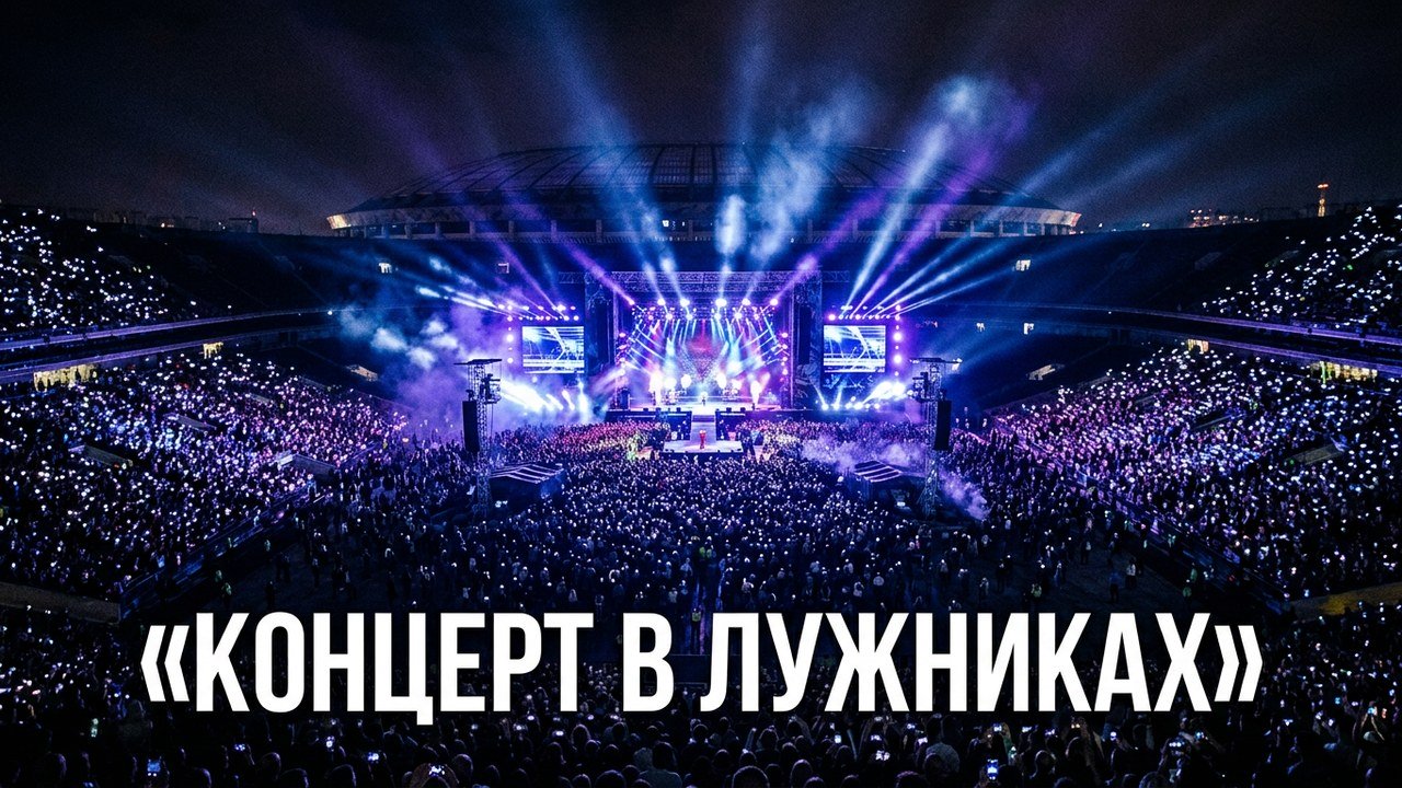 Ночной стадион с морем огней и лучами прожекторов — иллюстрация к анонсу концерта в Лужниках